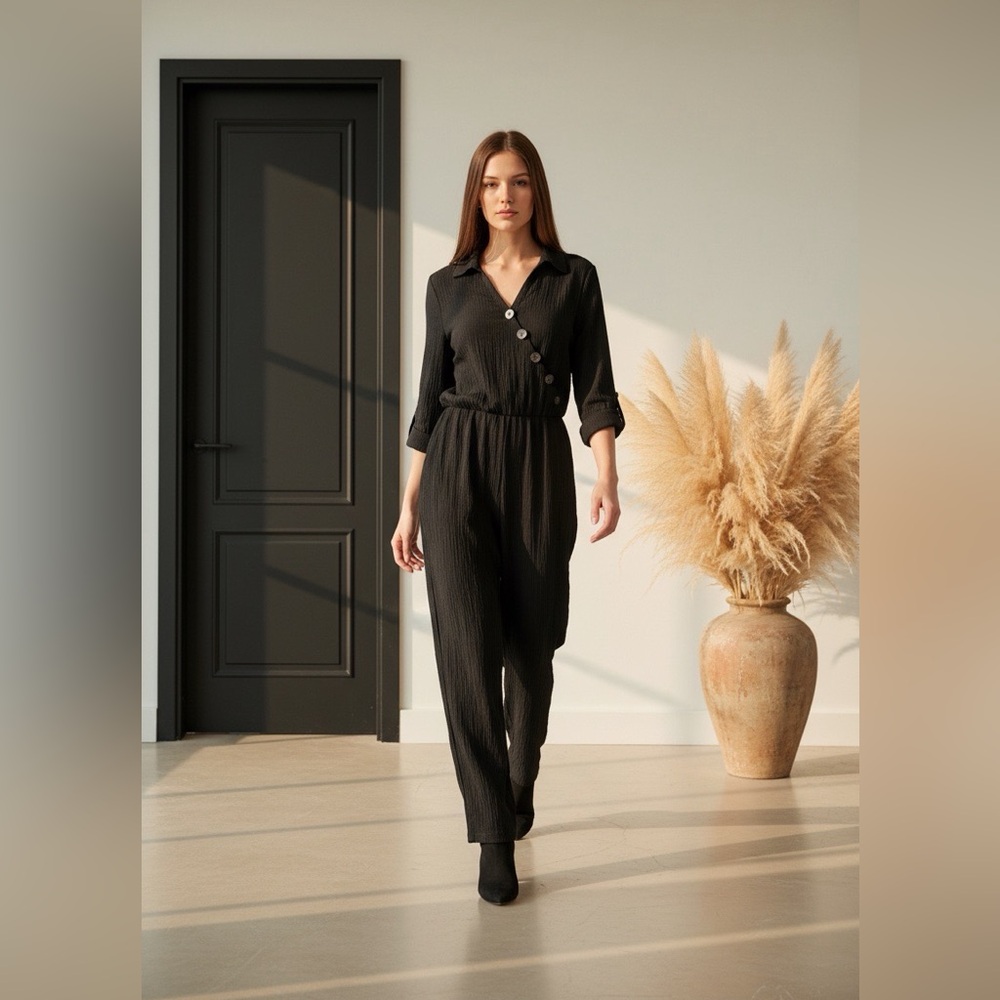 Soft‎ Surroundings Black Lagenlook Gauzy Elegant Jumpsuit.